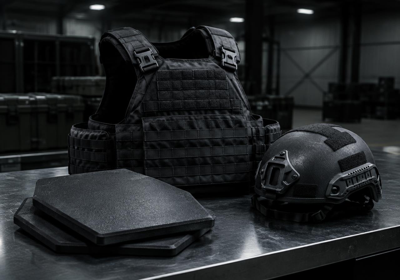 Ballistic vest, protective helmet and armour plates