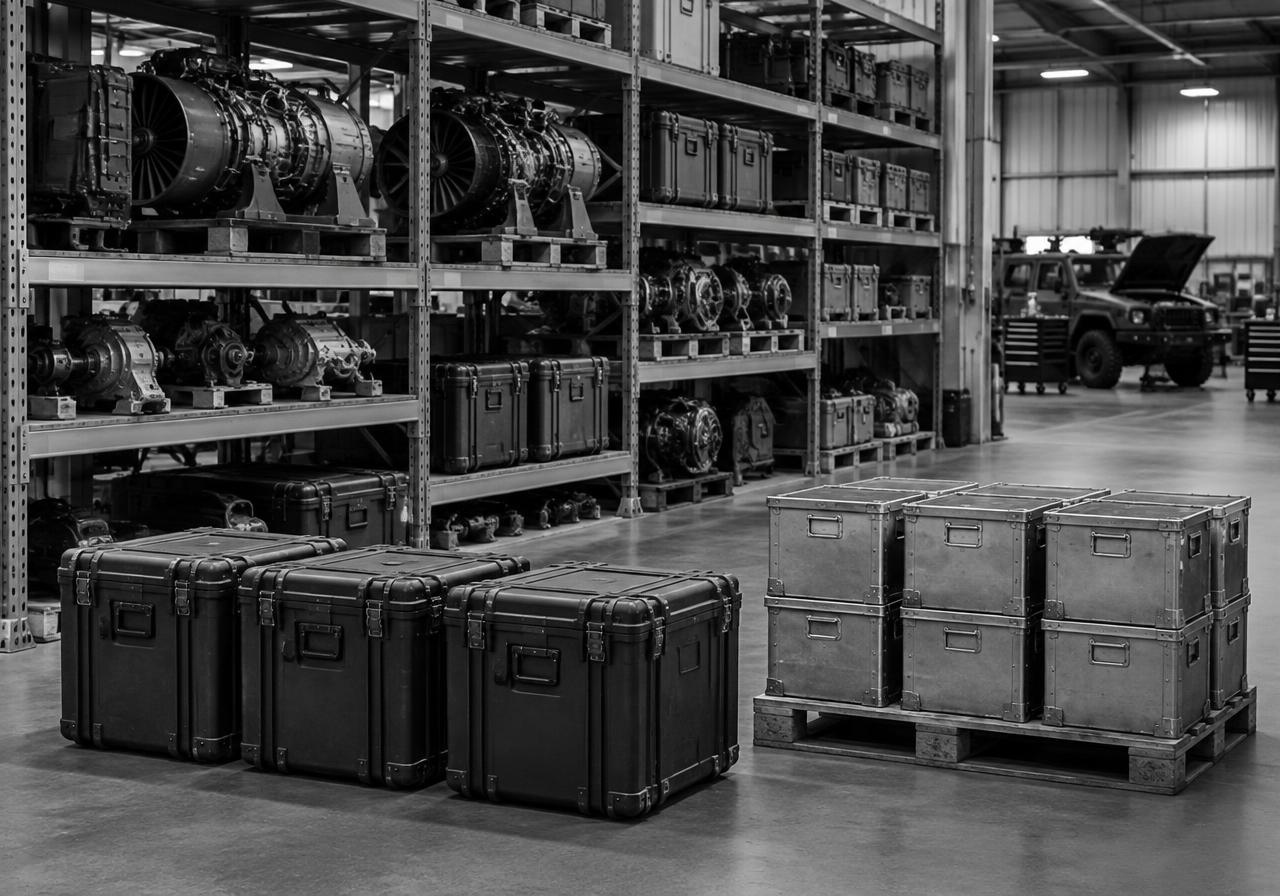Organised equipment cases and mechanical spare parts in a technical support depot
