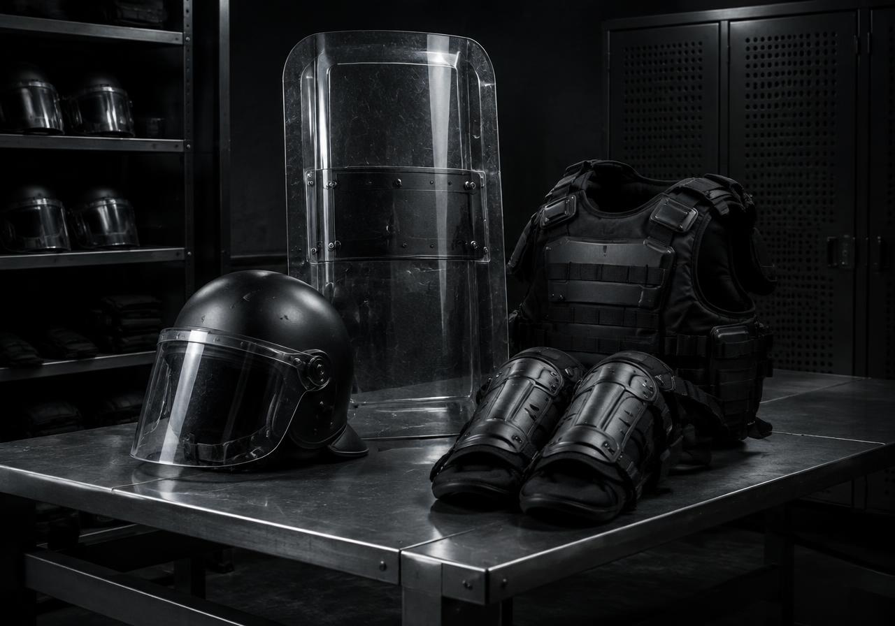 Public-order helmet, riot shield and protective equipment